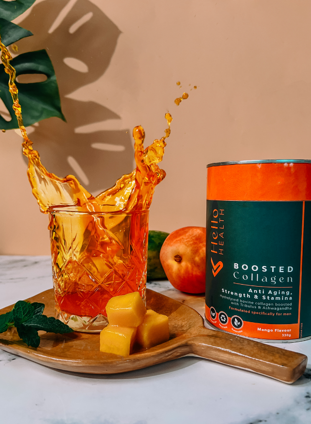 A delicious mango flavoured collagen drink for men to naturally boost testosterone  with tribulus, ashwagandha, maca and L-Arginine