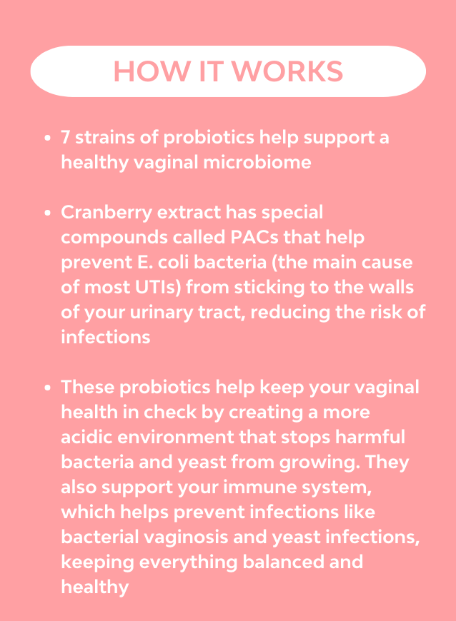 Description of how 7 strain probiotics support a health vaginal microbiome and prevent odours, UTI's and vaginal discomfort 