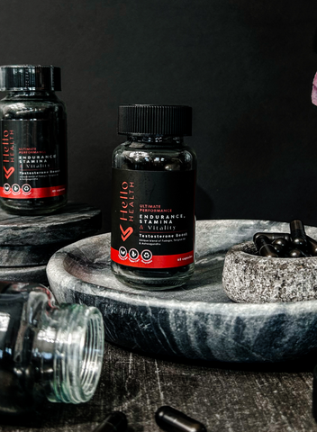 An image of capsule bottles of Hello Health Ultimate Performance Testosterone Booster for men for energy, vitality, lean muscle mass and libido