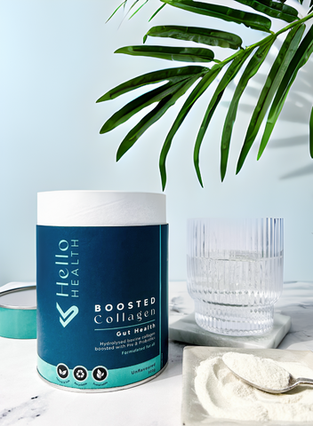 An image on hello health's boosted collagen with pre & probiotics for gut health on a marble surface