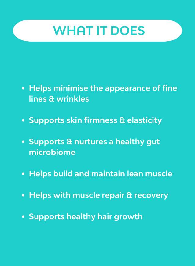 A list showing all the benefits of Boosted collagen for Gut Health from healthy skin to a health gut microbiome